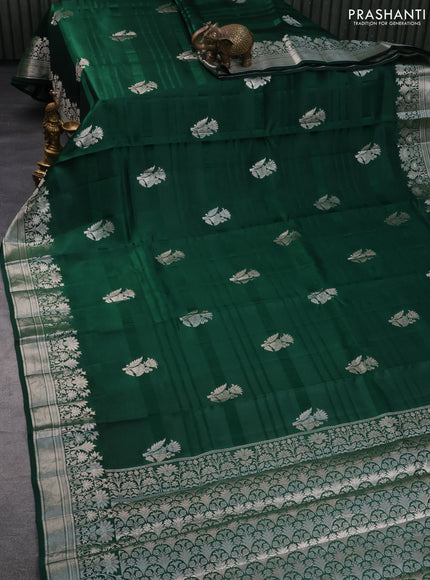 Banarasi poona silk saree green and red with silver zari woven buttas and silver zari woven border