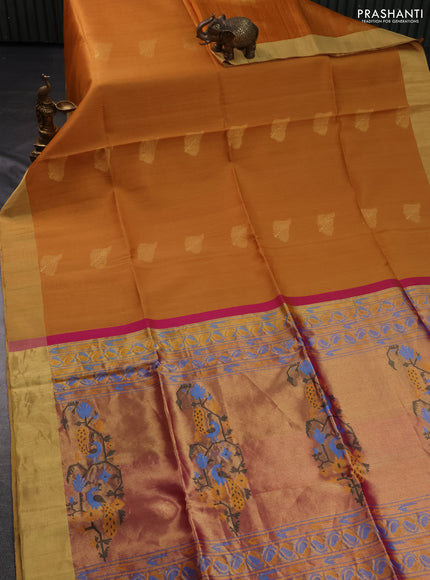 Pure raw silk saree mustard yellow and pink with zari woven buttas and zari woven border