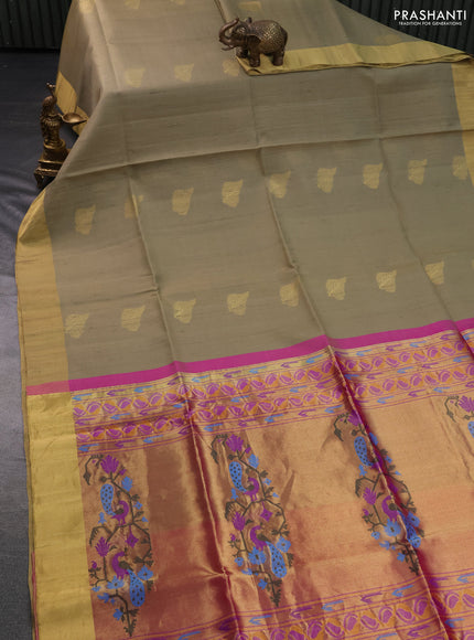 Pure raw silk saree elaichi green and pink with zari woven buttas and zari woven border