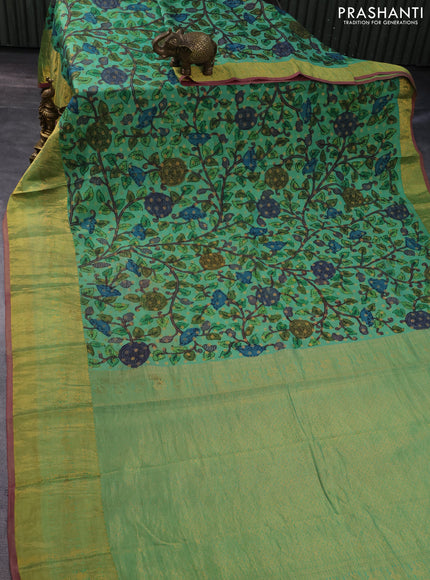 Pure kanchipuram silk saree pastel green and pink with allover pen kalamkari prints & zari buttas and zari woven border
