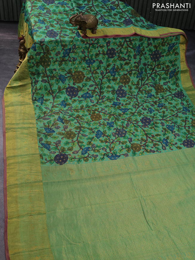 Pure kanchipuram silk saree pastel green and pink with allover pen kalamkari prints & zari buttas and zari woven border