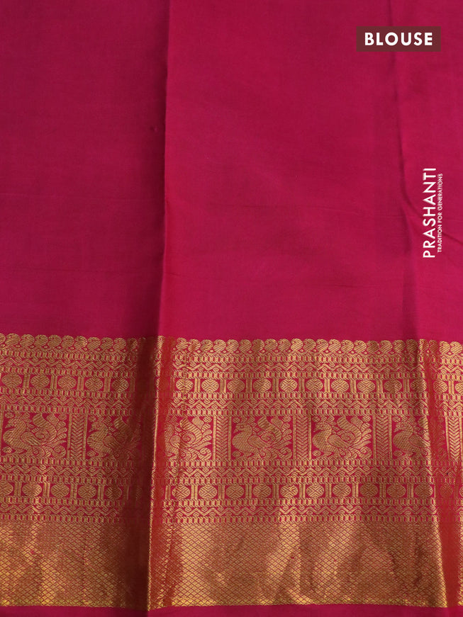 Pure kanchipuram silk saree pastel green and pink with allover pen kalamkari prints & zari buttas and zari woven border