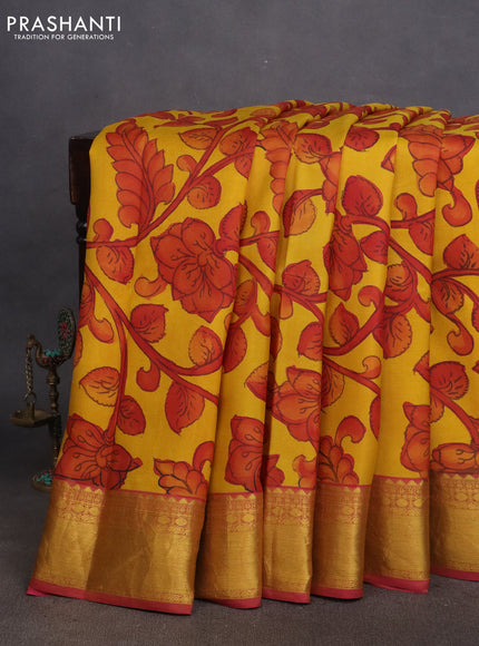 Pure kanchipuram silk saree yellow and pink with allover pen kalamkari prints & zari buttas and zari woven border