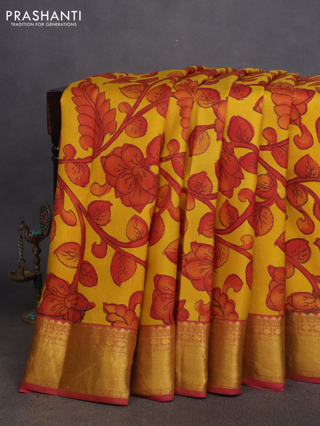 Pure kanchipuram silk saree yellow and pink with allover pen kalamkari prints & zari buttas and zari woven border