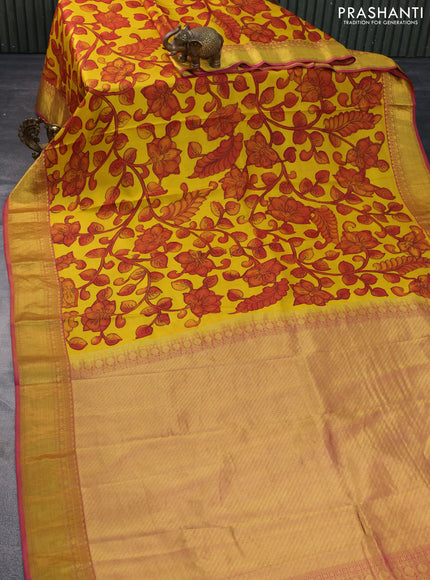 Pure kanchipuram silk saree yellow and pink with allover pen kalamkari prints & zari buttas and zari woven border