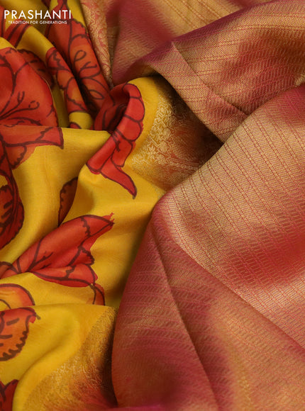 Pure kanchipuram silk saree yellow and pink with allover pen kalamkari prints & zari buttas and zari woven border