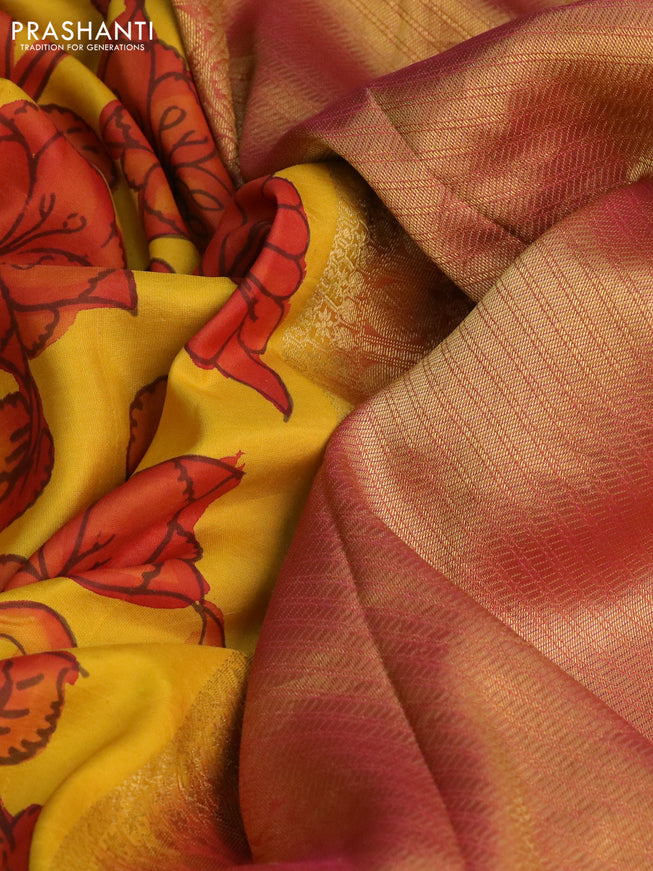 Pure kanchipuram silk saree yellow and pink with allover pen kalamkari prints & zari buttas and zari woven border
