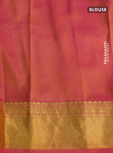 Pure kanchipuram silk saree yellow and pink with allover pen kalamkari prints & zari buttas and zari woven border