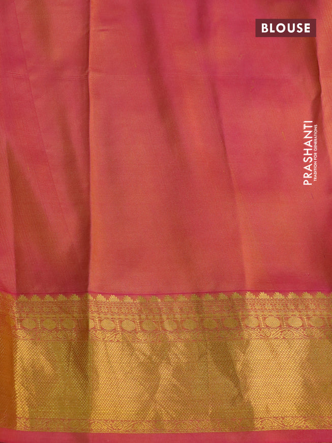 Pure kanchipuram silk saree yellow and pink with allover pen kalamkari prints & zari buttas and zari woven border