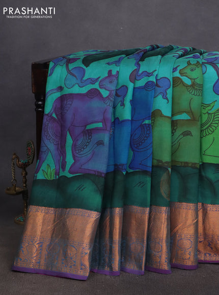 Pure kanchipuram silk saree teal blue and purple with allover pen kalamkari prints & zari buttas and copper zari woven border