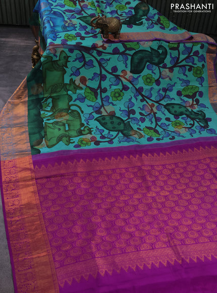 Pure kanchipuram silk saree teal blue and purple with allover pen kalamkari prints & zari buttas and copper zari woven border