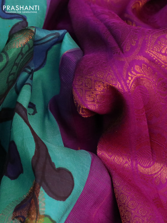 Pure kanchipuram silk saree teal blue and purple with allover pen kalamkari prints & zari buttas and copper zari woven border