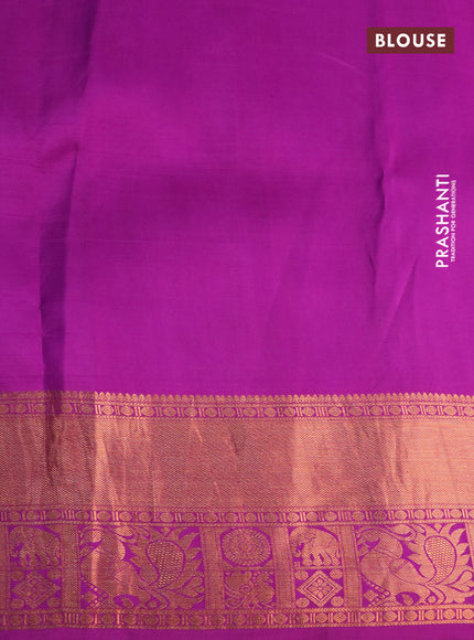Pure kanchipuram silk saree teal blue and purple with allover pen kalamkari prints & zari buttas and copper zari woven border