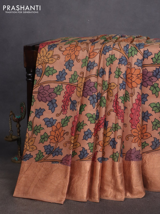 Pure kanchipuram silk saree beige with allover pen kalamkari prints and copper zari woven border