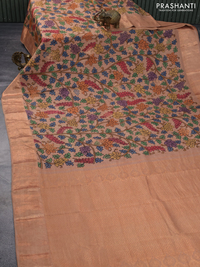 Pure kanchipuram silk saree beige with allover pen kalamkari prints and copper zari woven border