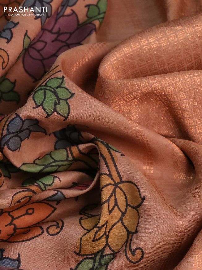 Pure kanchipuram silk saree beige with allover pen kalamkari prints and copper zari woven border