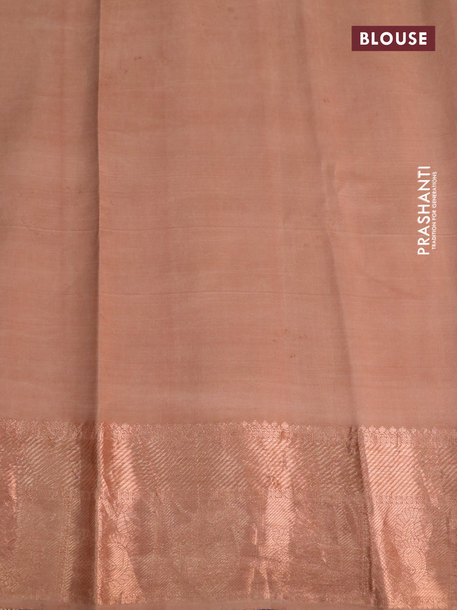 Pure kanchipuram silk saree beige with allover pen kalamkari prints and copper zari woven border