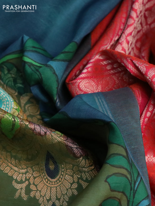 Pure kanchipuram silk saree blue shade and dual shade of pinkish orange with allover pen kalamkari prints in borderless style