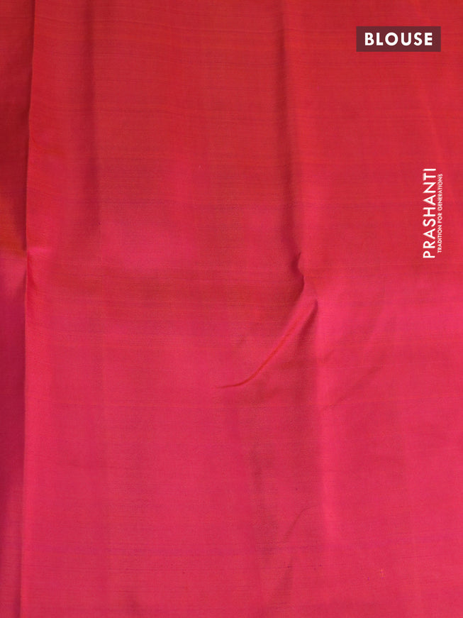 Pure kanchipuram silk saree blue shade and dual shade of pinkish orange with allover pen kalamkari prints in borderless style