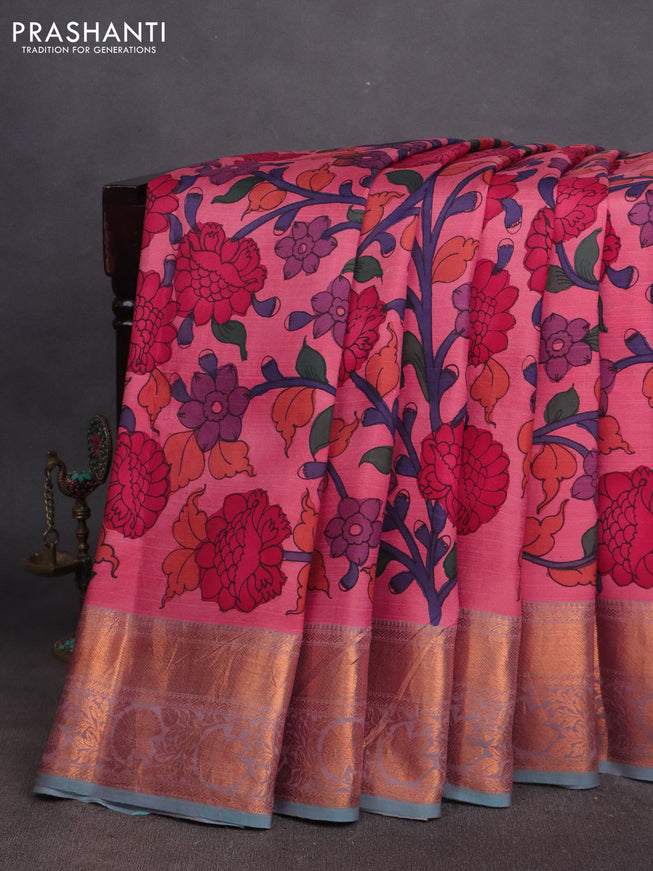 Pure kanchipuram silk saree peach pink and teal shade with allover pen kalamkari prints and copper zari woven border