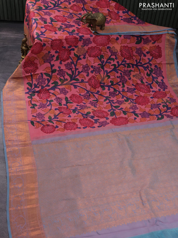 Pure kanchipuram silk saree peach pink and teal shade with allover pen kalamkari prints and copper zari woven border