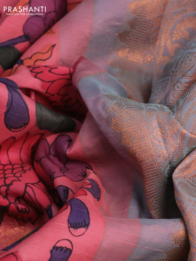 Pure kanchipuram silk saree peach pink and teal shade with allover pen kalamkari prints and copper zari woven border