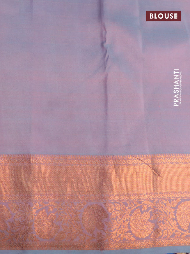 Pure kanchipuram silk saree peach pink and teal shade with allover pen kalamkari prints and copper zari woven border