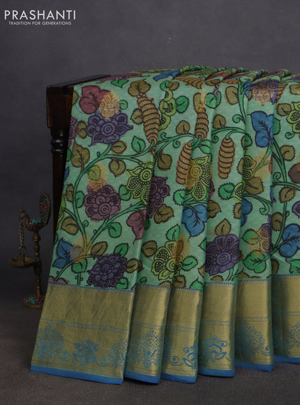 Pure kanchipuram silk saree pastel green and cs blue with self emboss & pen kalamkari prints and zari woven border
