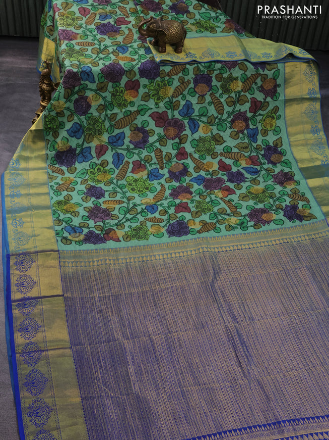 Pure kanchipuram silk saree pastel green and cs blue with self emboss & pen kalamkari prints and zari woven border