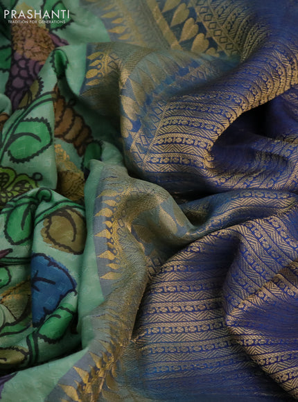 Pure kanchipuram silk saree pastel green and cs blue with self emboss & pen kalamkari prints and zari woven border