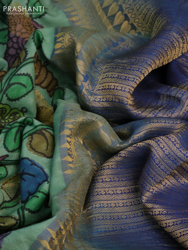 Pure kanchipuram silk saree pastel green and cs blue with self emboss & pen kalamkari prints and zari woven border