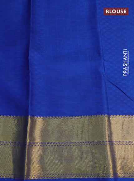 Pure kanchipuram silk saree pastel green and cs blue with self emboss & pen kalamkari prints and zari woven border