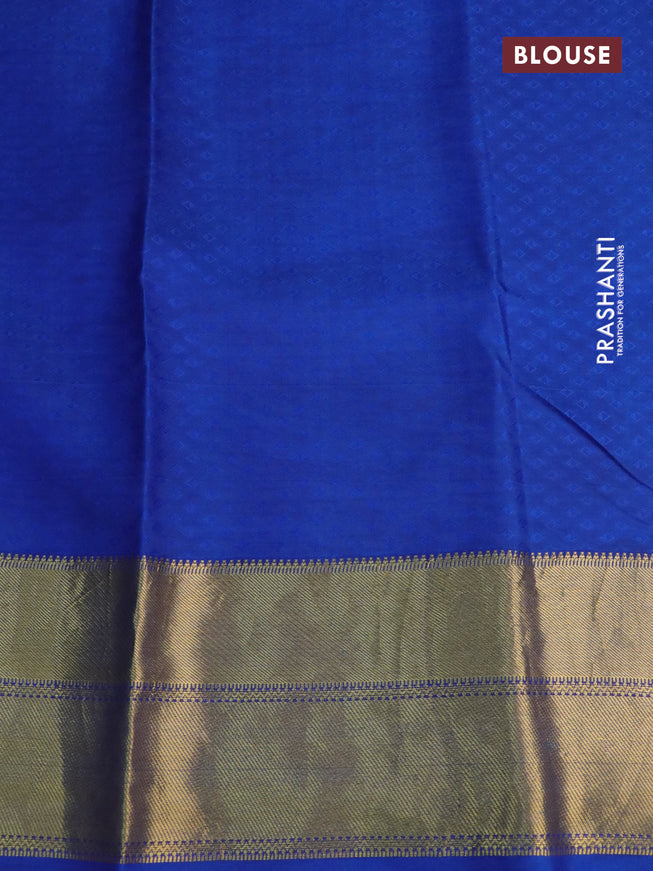Pure kanchipuram silk saree pastel green and cs blue with self emboss & pen kalamkari prints and zari woven border