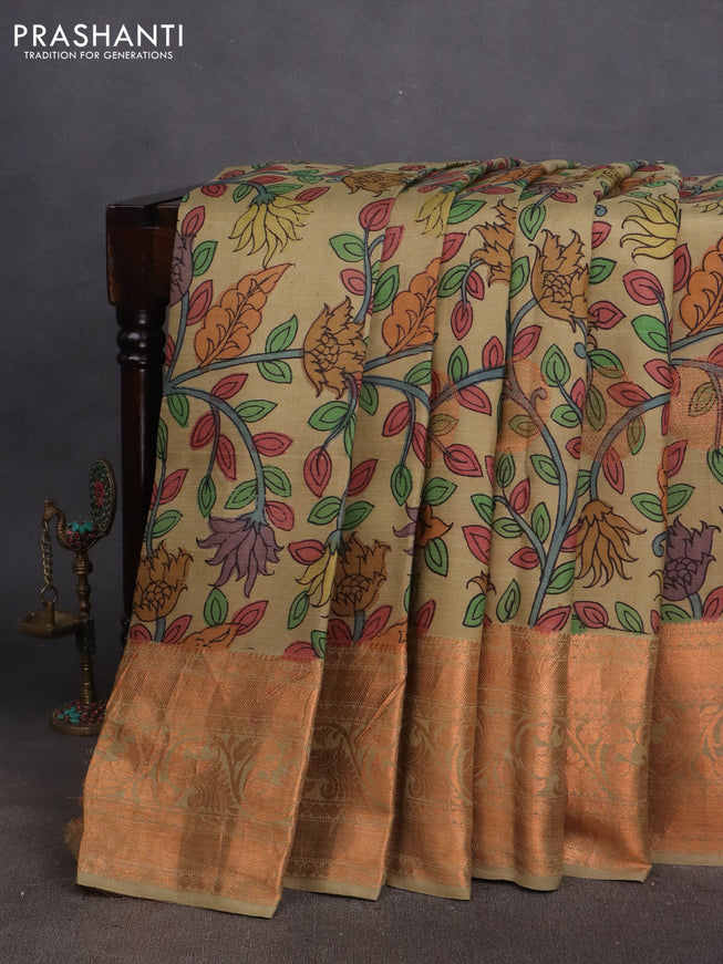 Pure kanchipuram silk saree elaichi green with allover pen kalamkari prints & zari buttas and copper zari woven border