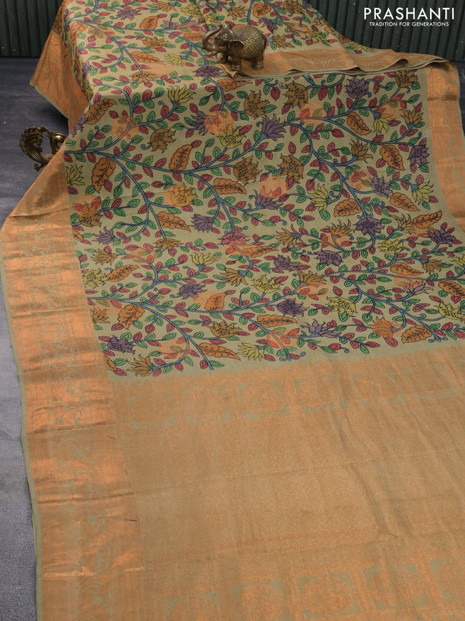 Pure kanchipuram silk saree elaichi green with allover pen kalamkari prints & zari buttas and copper zari woven border