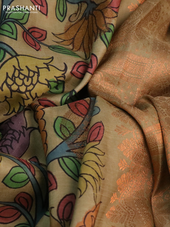 Pure kanchipuram silk saree elaichi green with allover pen kalamkari prints & zari buttas and copper zari woven border