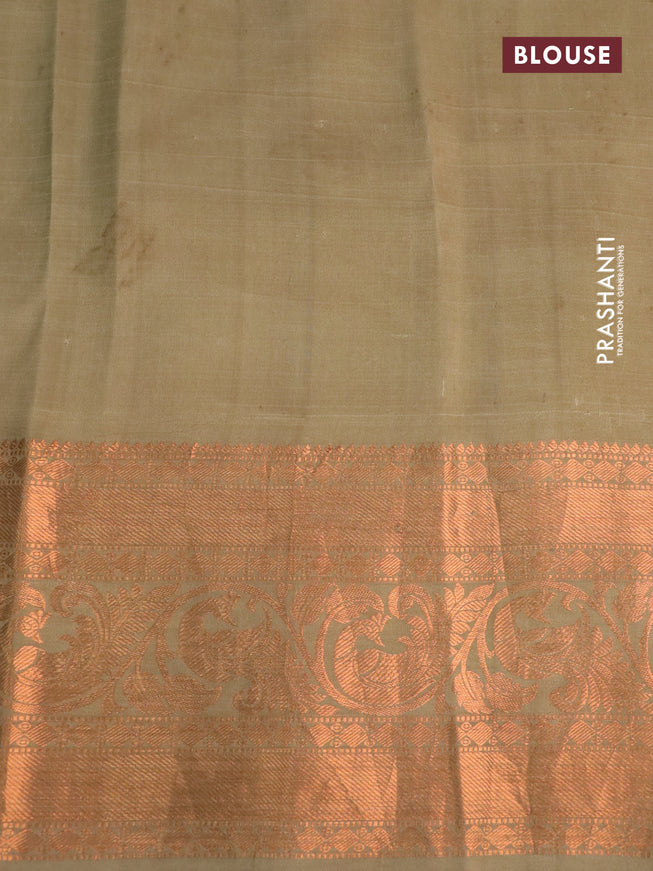 Pure kanchipuram silk saree elaichi green with allover pen kalamkari prints & zari buttas and copper zari woven border