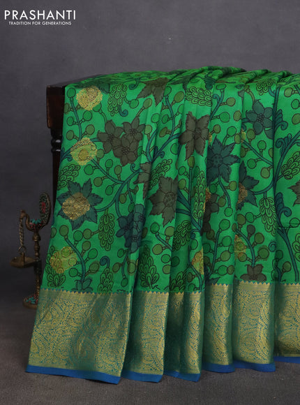 Pure kanchipuram silk saree green and cs blue with allover pen kalamkari prints & zari buttas and zari woven border