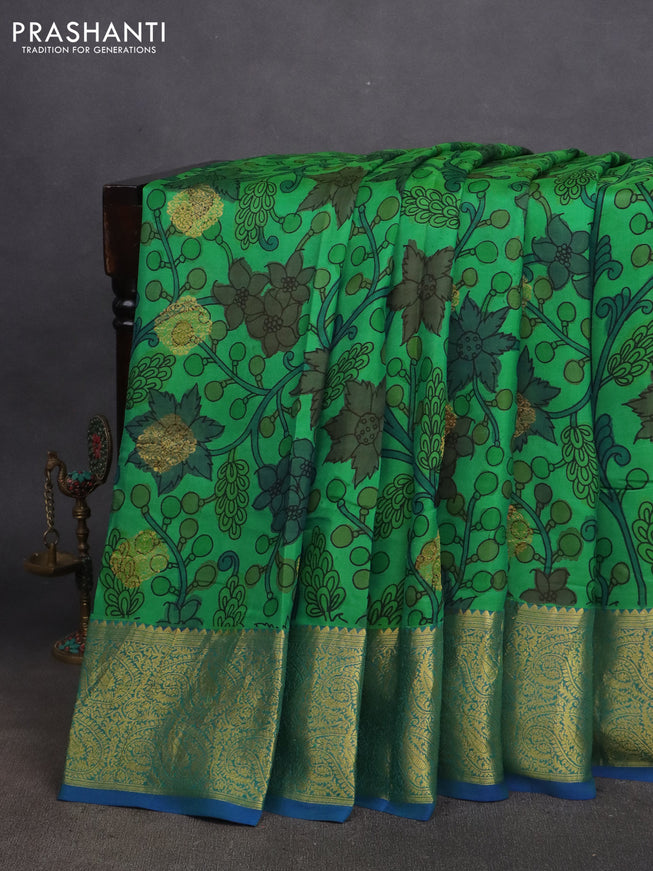 Pure kanchipuram silk saree green and cs blue with allover pen kalamkari prints & zari buttas and zari woven border