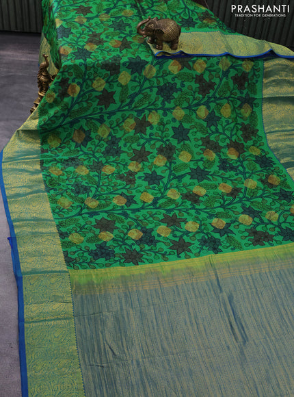 Pure kanchipuram silk saree green and cs blue with allover pen kalamkari prints & zari buttas and zari woven border