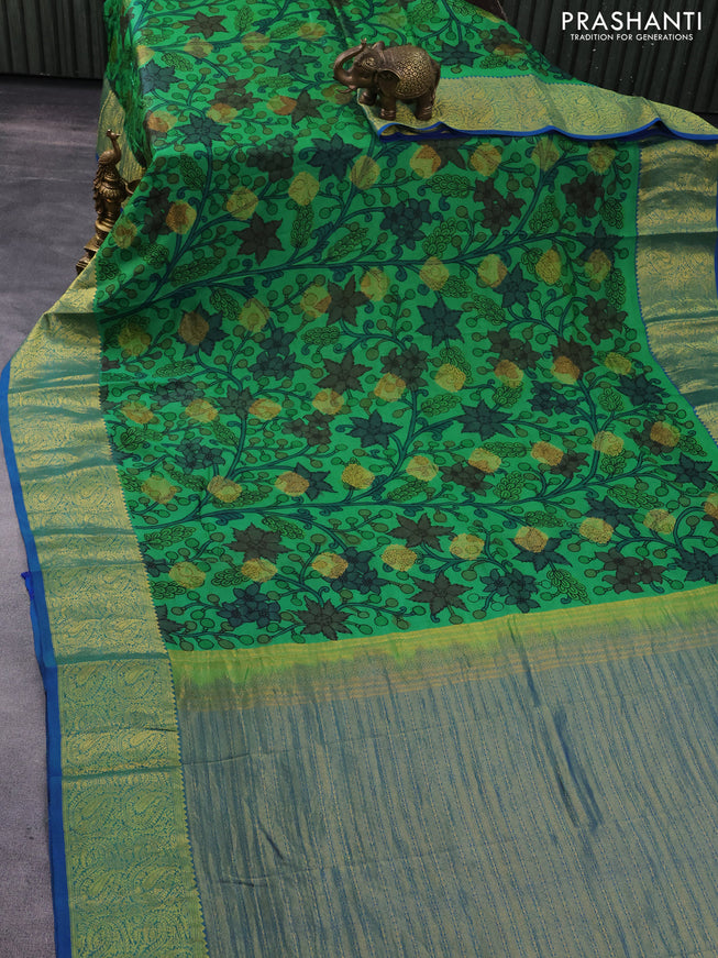 Pure kanchipuram silk saree green and cs blue with allover pen kalamkari prints & zari buttas and zari woven border
