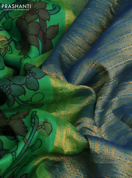 Pure kanchipuram silk saree green and cs blue with allover pen kalamkari prints & zari buttas and zari woven border