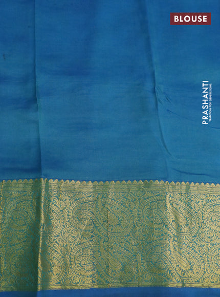 Pure kanchipuram silk saree green and cs blue with allover pen kalamkari prints & zari buttas and zari woven border