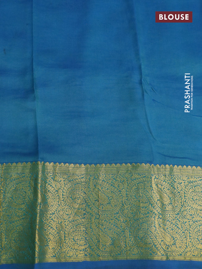 Pure kanchipuram silk saree green and cs blue with allover pen kalamkari prints & zari buttas and zari woven border