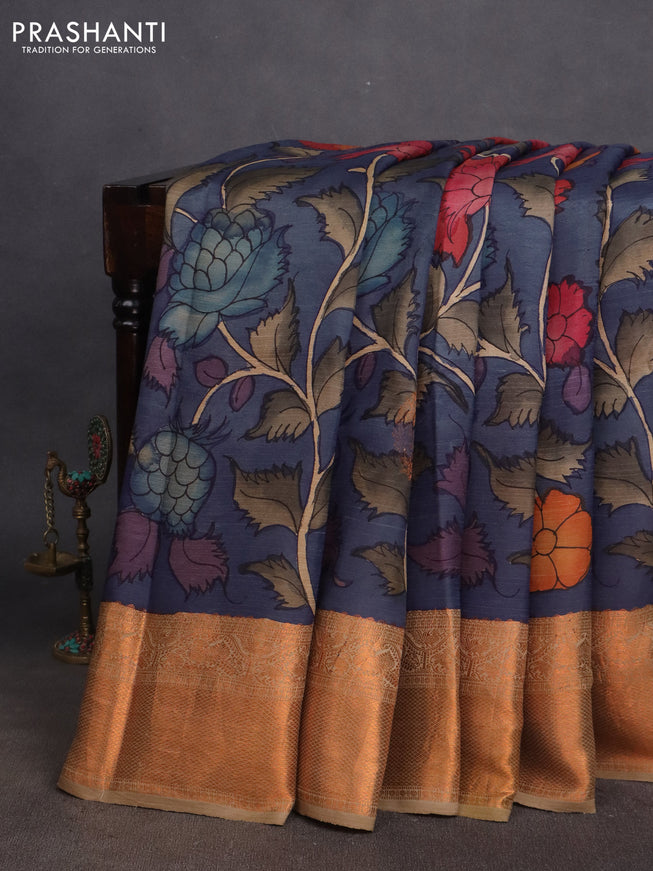 Pure kanchipuram silk saree blue and beige with allover pen kalamkari prints and copper zari woven border
