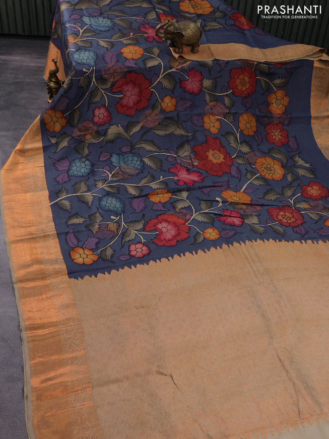 Pure kanchipuram silk saree blue and beige with allover pen kalamkari prints and copper zari woven border