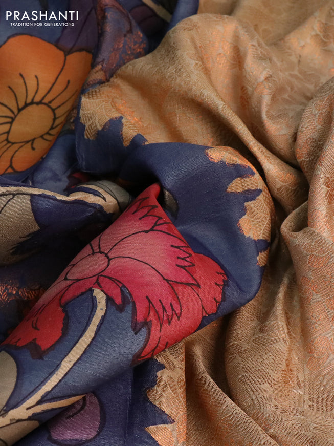 Pure kanchipuram silk saree blue and beige with allover pen kalamkari prints and copper zari woven border