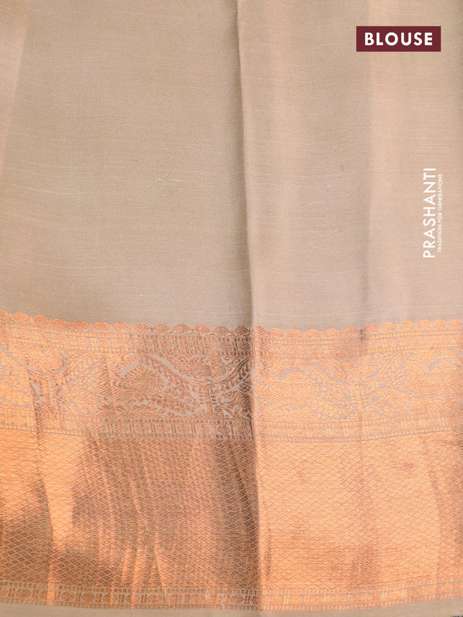 Pure kanchipuram silk saree blue and beige with allover pen kalamkari prints and copper zari woven border