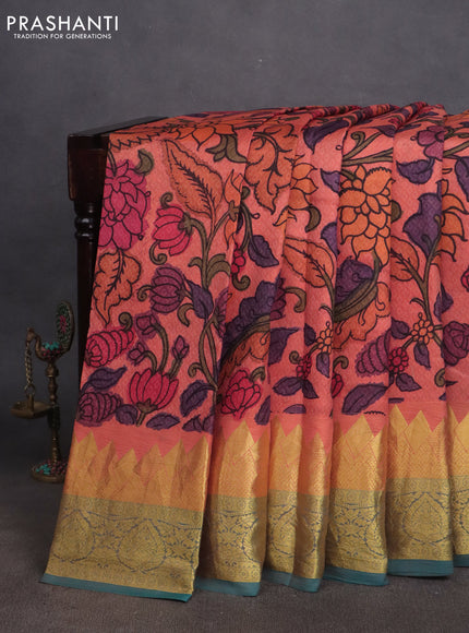 Pure kanchipuram silk saree peach orange and dual shade of teal green with self emboss & pen kalamkari prints and temple design zari woven border