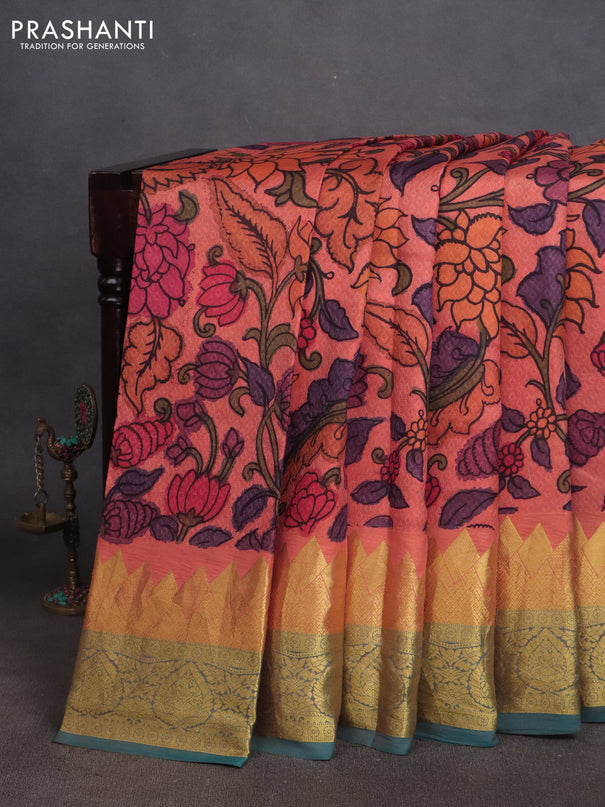 Pure kanchipuram silk saree peach orange and dual shade of teal green with self emboss & pen kalamkari prints and temple design zari woven border